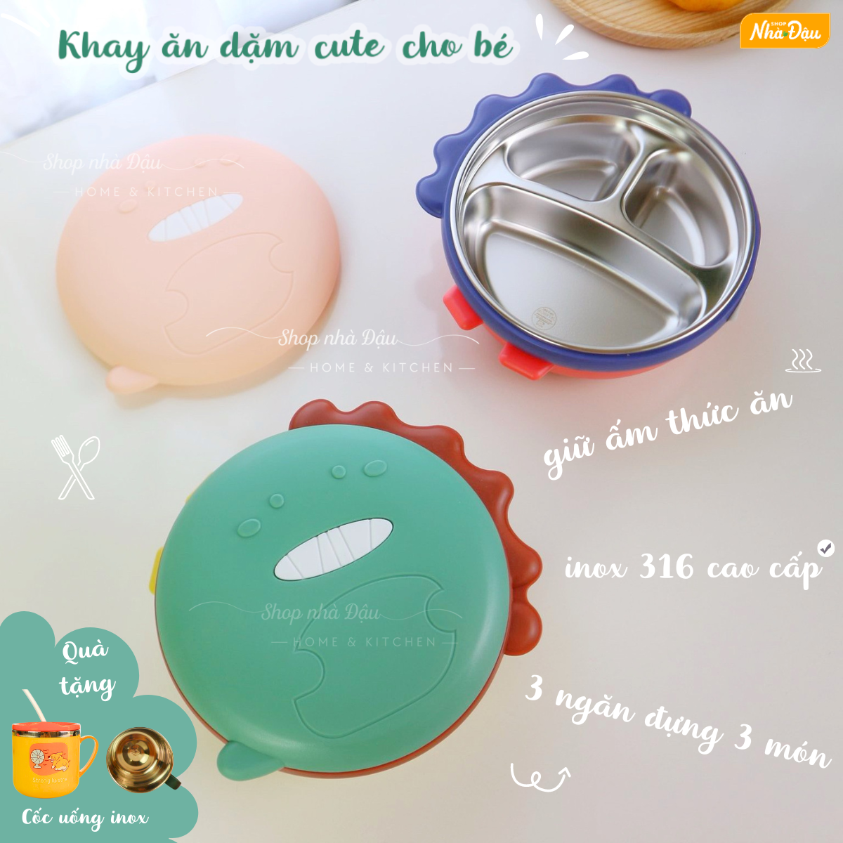 Khay ăn dặm inox cho bé cute cao cấp 3 ngăn giữ nhiệt, tích hợp đế chống trượt. Không chứa BPA, An toàn tuyệt đối.